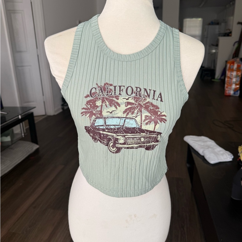 SHEIN California Graphic Ribbed Crop Top - Mint Green